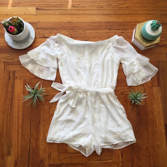 Charlotte Russe Pants - Embroidered Off the Shoulder Romper